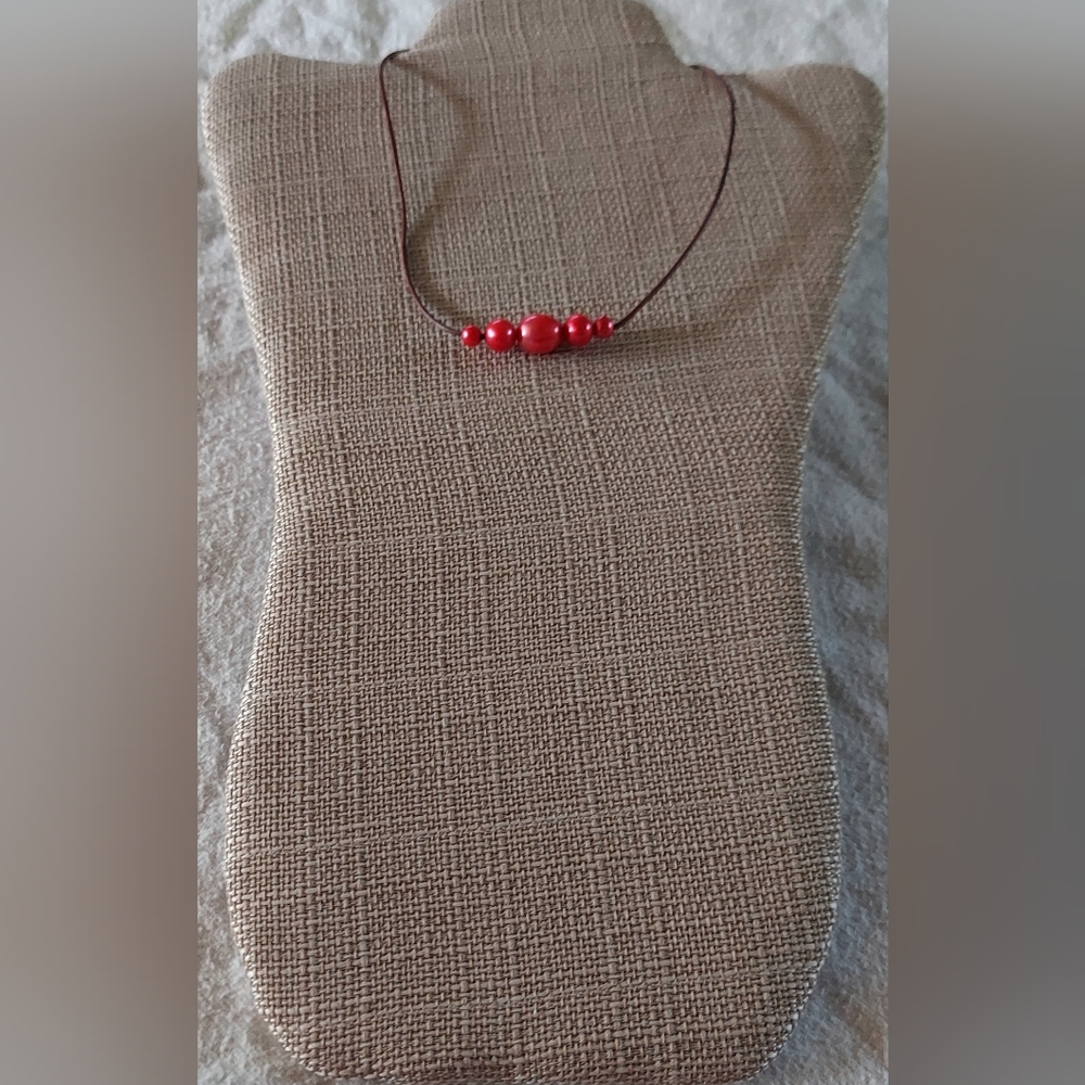 Handmade Red Pearl And Brown Leather Necklace